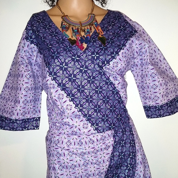 AUTH NIGERIAN M/ L BESPOKE PURPLE BLUE LAVENDER METALLIC  FAUX WRAP MIDI DRESS - Picture 2 of 10